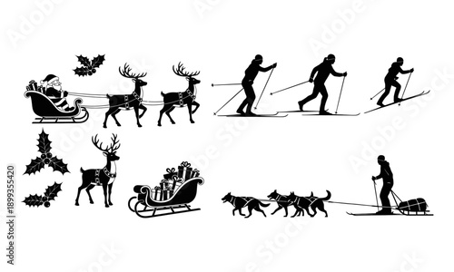Winter scene depicting santa claus reindeer skiers and dog sledding