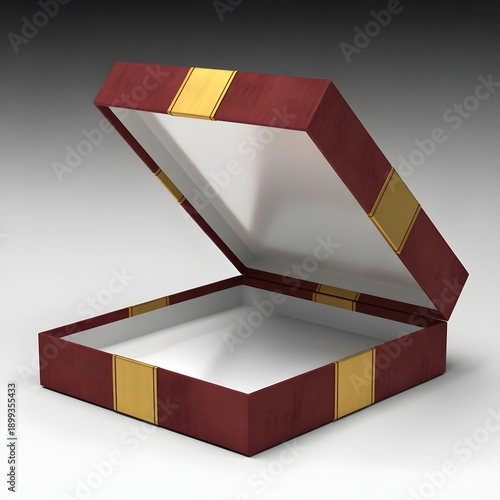 An open gift box with a maroon and gold design on a gray background.