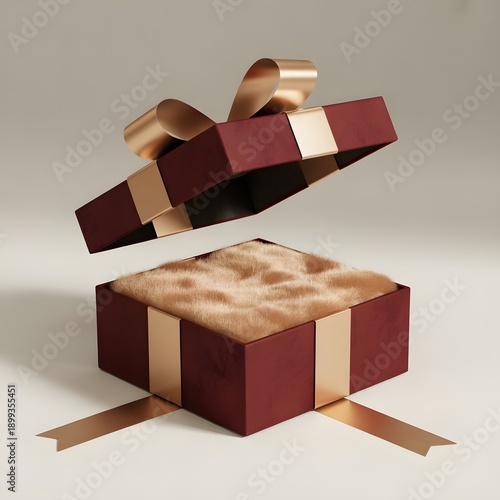 A beautifully wrapped box with a ribbon and a lid slightly lifted to reveal its contents.
