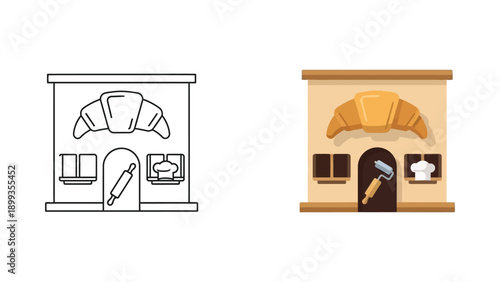 Simple black line art and flat color illustration set depicting a charming  bakery storefront featuring a large croissant sign and baking tools for commercial use