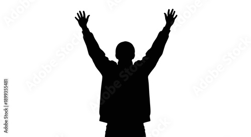 Silhouette of a person with arms raised in a gesture of victory, praise, or surrender against a white background.