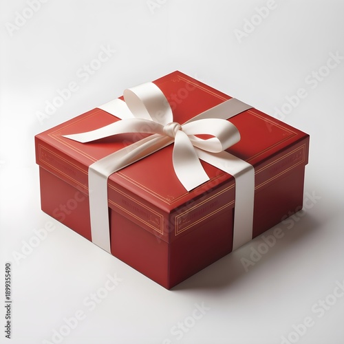 A beautifully wrapped red gift box with a white ribbon on top