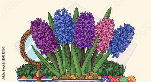 Vibrant hyacinths in shades of purple blue and pink in a basket with easter eggs and a mirror
