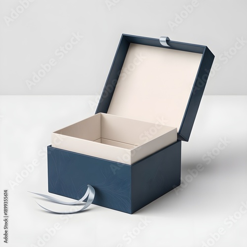 An open blue box with a white interior and a pair of white gloves placed next to it.