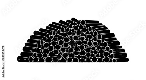 Stacked logs or pipes, black and white illustration of wood or industrial materials.