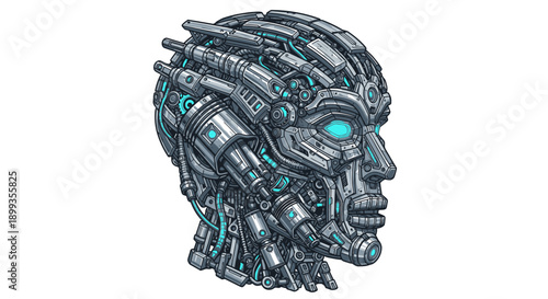 Futuristic robotic head with intricate mechanical details and glowing blue lights.
