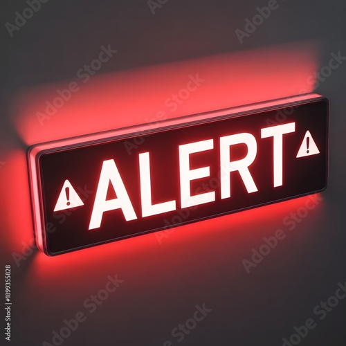 A glowing red alert sign with white text and triangular indicators on both sides.