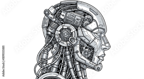 Detailed side profile illustration of a futuristic robotic humanoid head with intricate mechanical components.