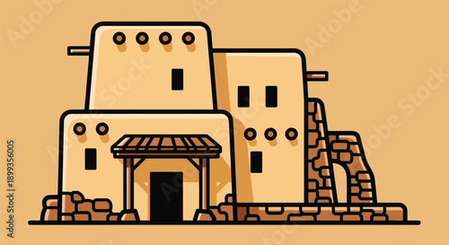 A traditional adobe building with a brown door and stone foundation