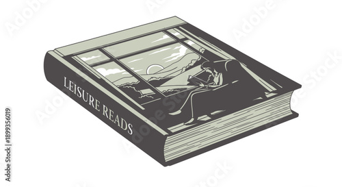 Illustration of a closed book titled leisure reads with glasses on top.