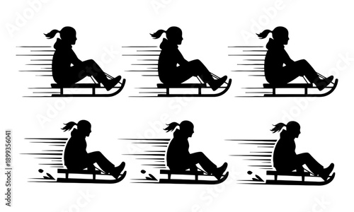 Silhouette illustrations of children sledding downhill depicting motion and winter fun