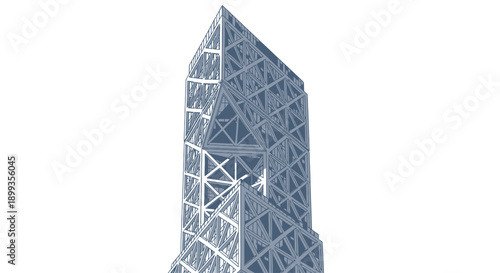 Modern architectural design of a futuristic high-rise building with geometric patterns.