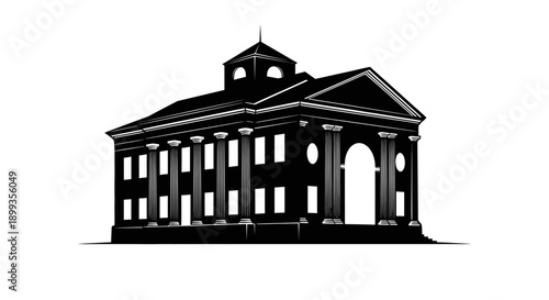 Black and white illustration of a classical government building with columns and a clock tower.