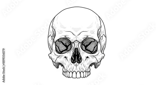 Detailed black and white illustration of a human skull with anatomical accuracy.