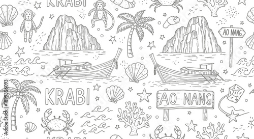 Adventure Sketch, Nature Elements, Krabi, Illustration, Tropical Setting, Aerial View, Travel Inspiration