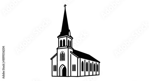 Black and white silhouette of a traditional church building with a tall steeple and arched windows.