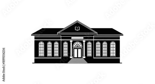 Black and white silhouette of a classical building with multiple windows and a central entrance.