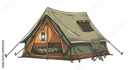 Illustration of a green camping tent with camping gear inside and a lantern hanging outside.