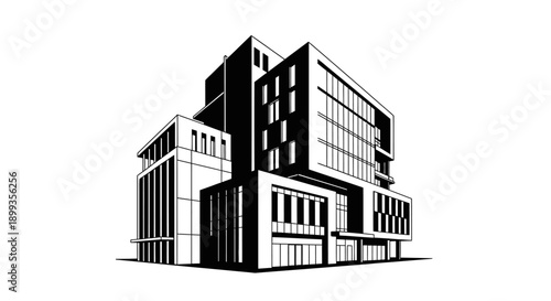 Modern black and white illustration of a multi-story commercial building with glass windows and architectural details.