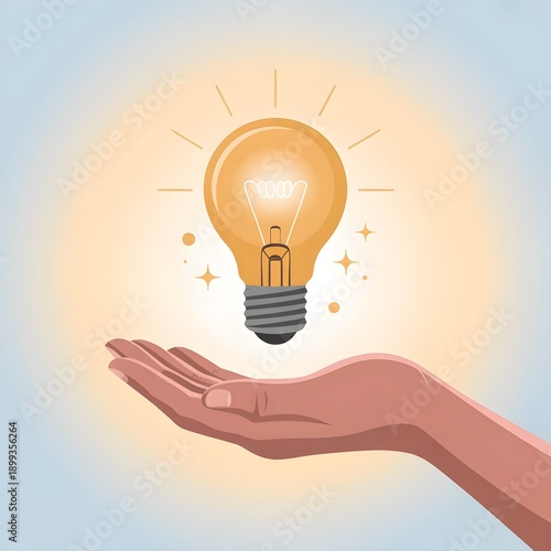 A hand holding a glowing light bulb with stars around it