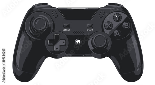 Modern black video game controller with buttons and joysticks isolated on white background.