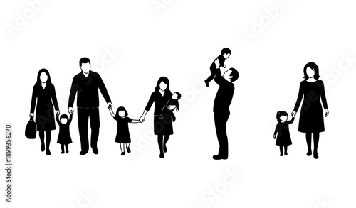 Family activity silhouette icon set flat black vector illustration isolated on white