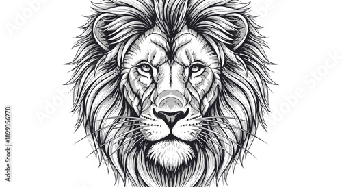 Detailed black and white hand-drawn illustration of a majestic lion head with intricate mane.