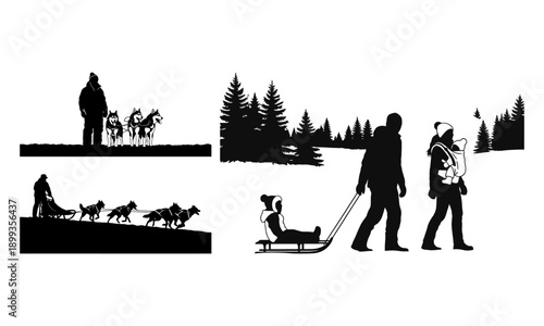 Silhouette scenes depict winter activities dog sledding riding and enjoying snowy landscapes