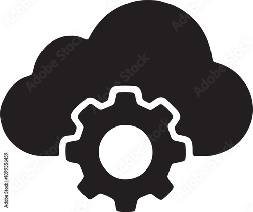 Cloud-based gear mechanism representing automated cloud infrastructure and system configurations, bold black vector