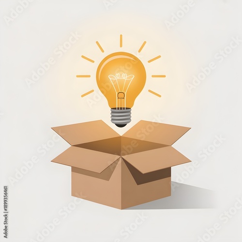 A glowing light bulb emerging from an open cardboard box with radiant beams.