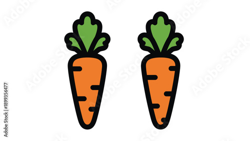 Two stylized cartoon carrots with bright orange bodies and vibrant green leafy tops stand side by side as simple food icons for cooking or healthy eating concepts.