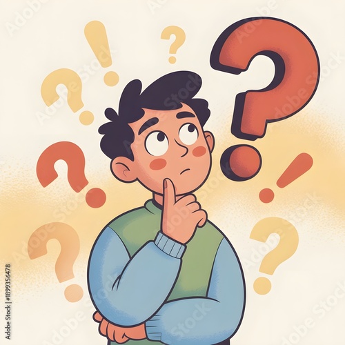 A person pondering with large question marks floating around their head.