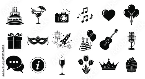 Black and white icons for party celebration and music