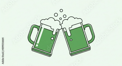 Two green beer mugs clinking together with foam and bubbles on a light green background celebrating st patrick's day or a festive toast