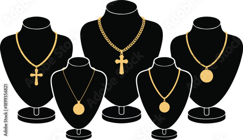Luxury Gold Necklace Collection  Pendants, Crosses, Coins on Black Bust Stands