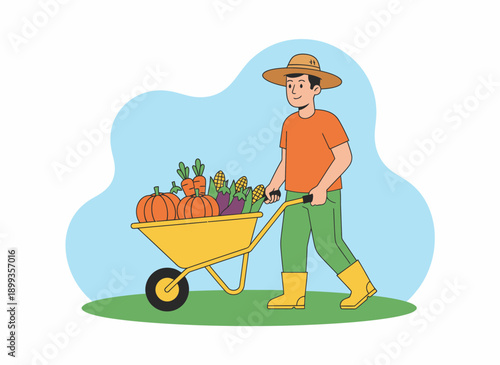 Farmer pushing wheelbarrow full of fresh vegetables and pumpkins