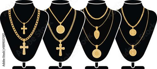 Luxury Gold Necklace Collection  Pendants, Crosses, Coins on Black Bust Stands