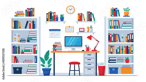 Organized home office workspace featuring bookshelves filled with colorful books, a computer desk with a lamp, and a large plant.