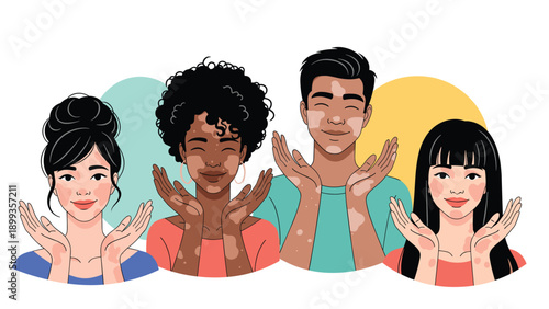 Diverse group of people with vitiligo smile and pose together showcasing skin diversity and body positivity in a colorful illustration.