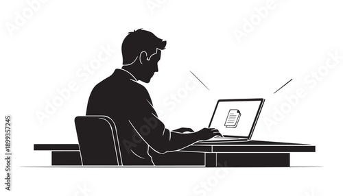 Man working on laptop, focused and productive in modern office setting