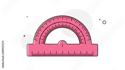 Pink geometry protractor tool for measuring angles is presented in a modern flat design with abstract background elements.
