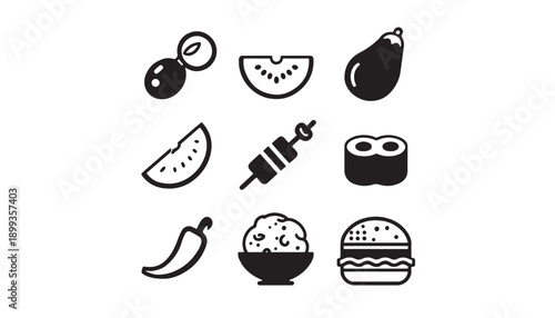 Set of assorted food icons including fruits vegetables sushi burger rice and snacks in black silhouette style on white background