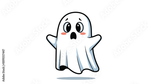 Scared cartoon ghost with wide eyes and an open mouth floating in a spooky yet cute Halloween illustration for festive themes.