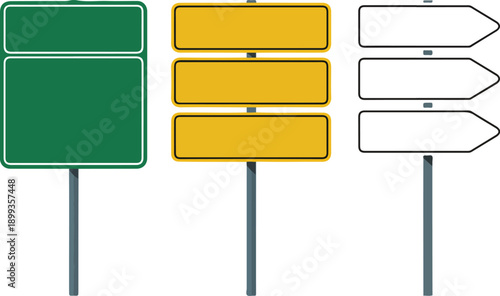 Blank Traffic Signs Set  Green, Yellow, Gray Directional Boards on Metal Poles