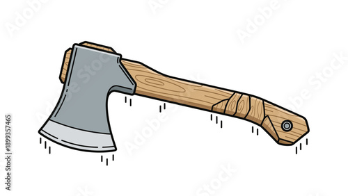 Hand-drawn illustration of a sharp steel axe with a textured wooden handle isolated on a plain white background.