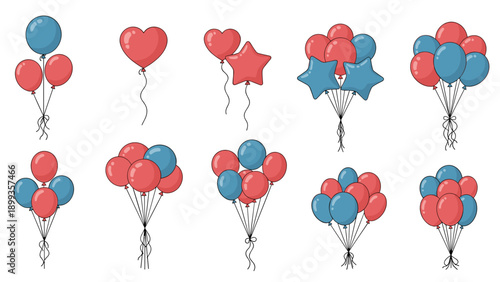 Diverse collection of balloon bunches in red and blue colors and various shapes like hearts and stars for party decorations.