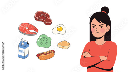 Angry woman with her arms crossed looks at various protein sources like meat eggs and milk for a nutrition or diet theme.
