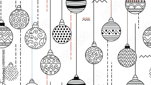 Monochrome pattern of various hanging Christmas baubles with different geometric designs and textures on strings.