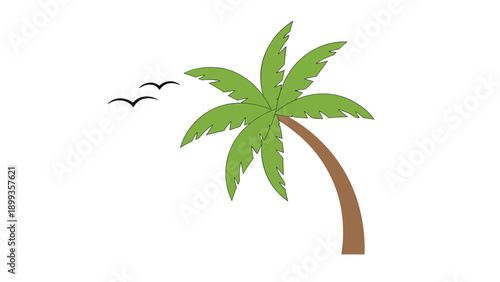 Silhouette illustration of a tropical palm tree and two birds flying in the sky on a clean white background.
