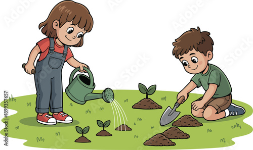 Kids Gardening Together Outline Icon Set Planting Seedlings, Watering Plants, and Outdoor Fun